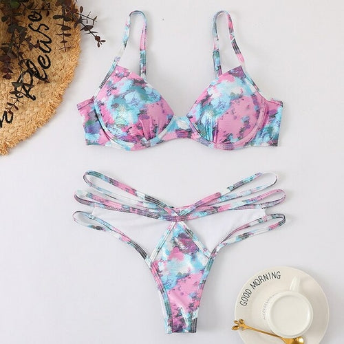 Sexy Bikini Bottom W/ Pretty Print Bra Set
