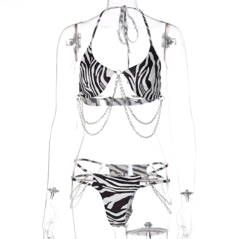 Sexy Leopard + Zebra Print Bikini W/Chain